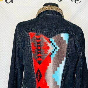 Upcycled Western True Religion Womens Black Corduroy Cropped jacket/Aztec accent
